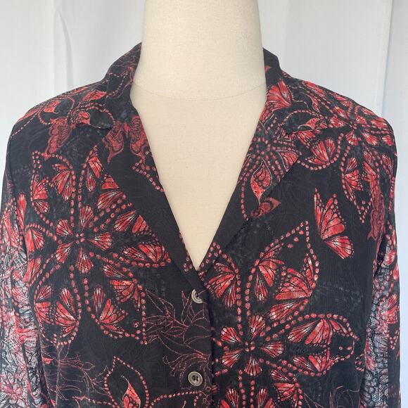 Y2K Top Womens Size Large Black Red Floral Mesh Fairy Grunge Whimsigoth Button - Picture 2 of 11